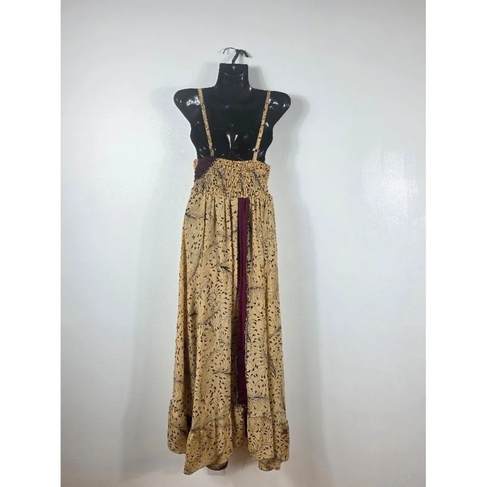 Silk Maxi Dress Womens OS Tan Patchwork Boho Festival Gypsy Ethnic Hippie